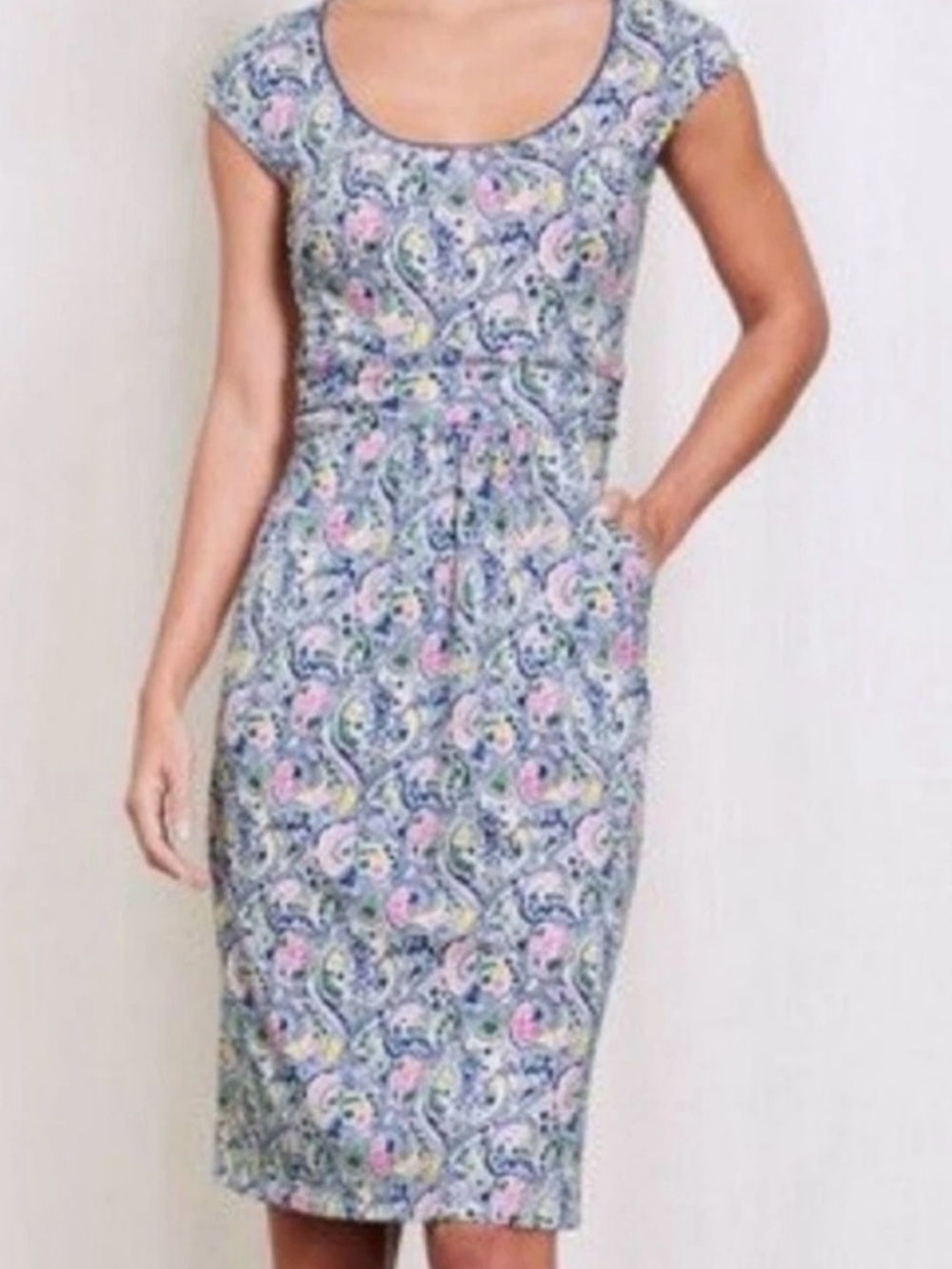 Boden Margot Blue Paulina Paisley Jersey Sheath Dress with Cap Sleeves